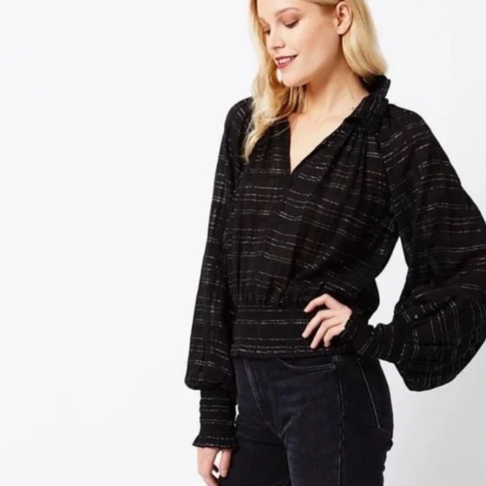 Vacate The Label 100%Cotton Vienna Black Metallic SilverStriped Smocked Blouse S